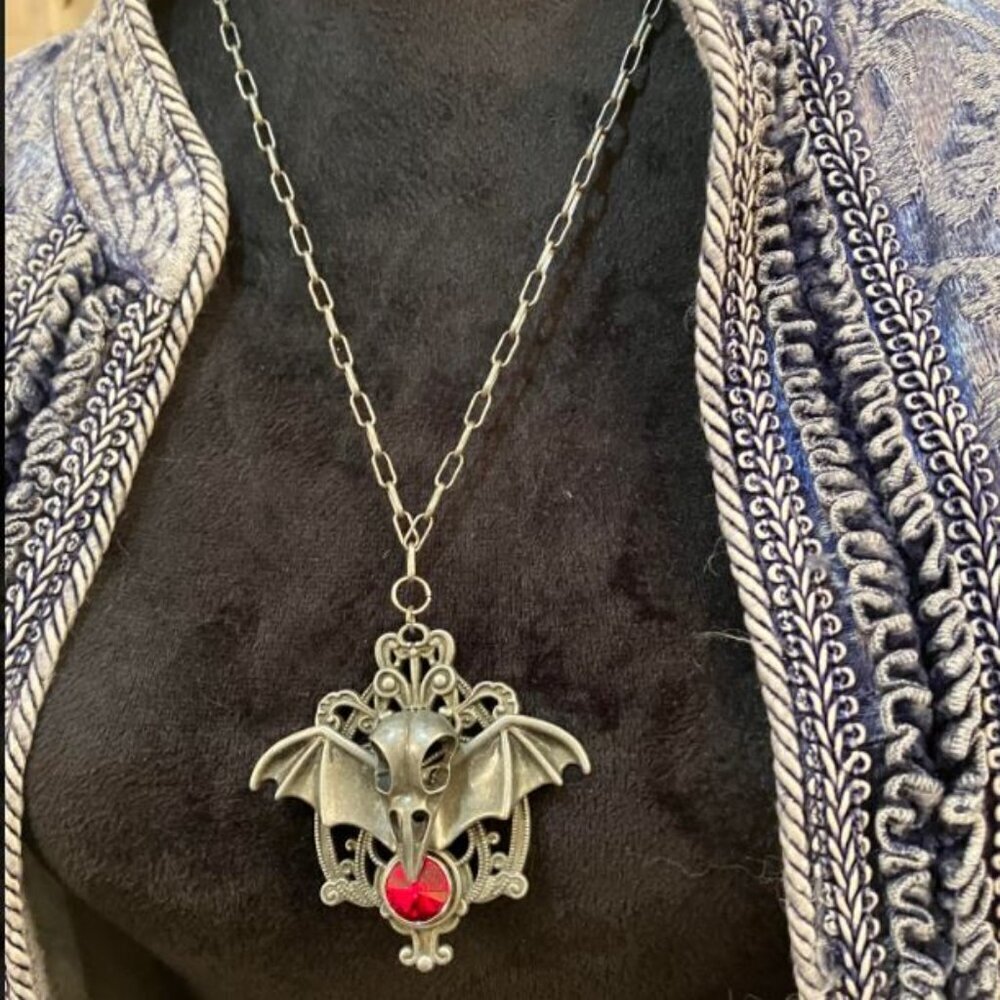 "Evil Bat" Bird Skeleton Head and Ruby-Colored Austrian Crystal Pendant